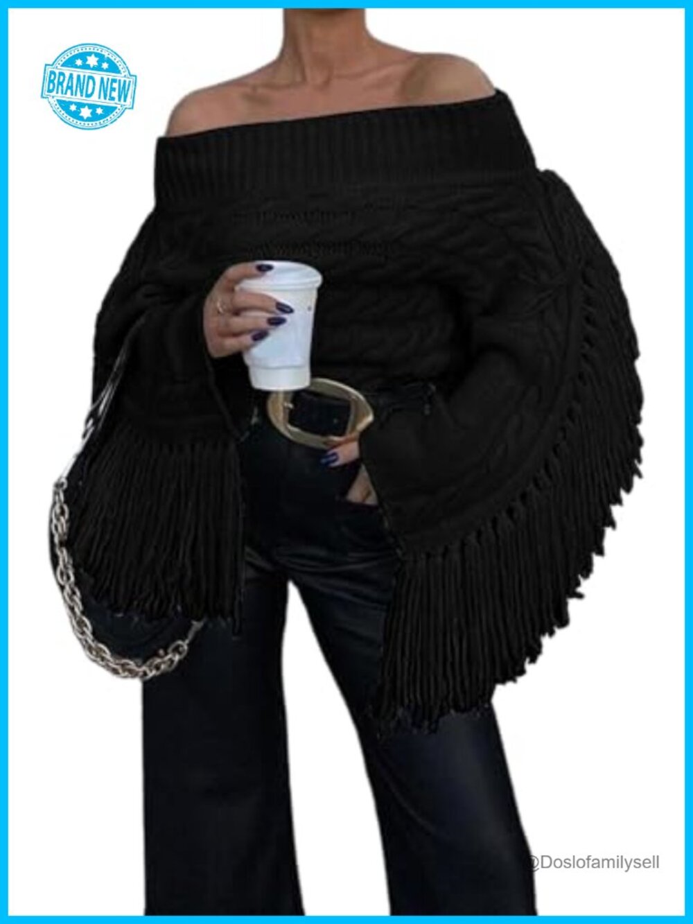 Women Off Shoulder Fringe Cropped Sweater Long Sleeve Pullover Knit Tassel Top